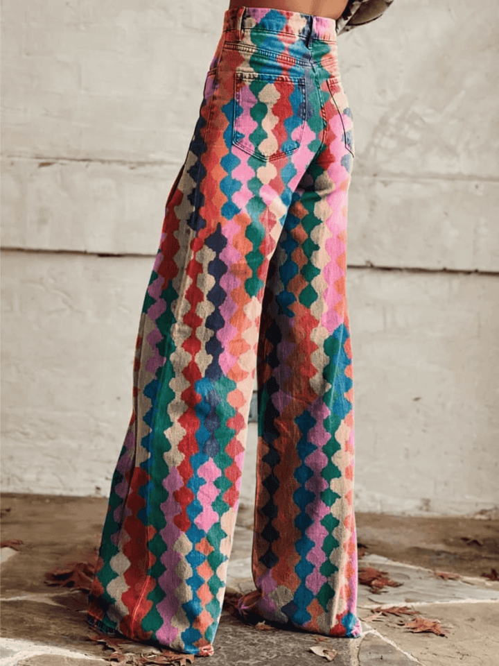 Women's Wide-Leg Trousers - High-Waisted Retro Print