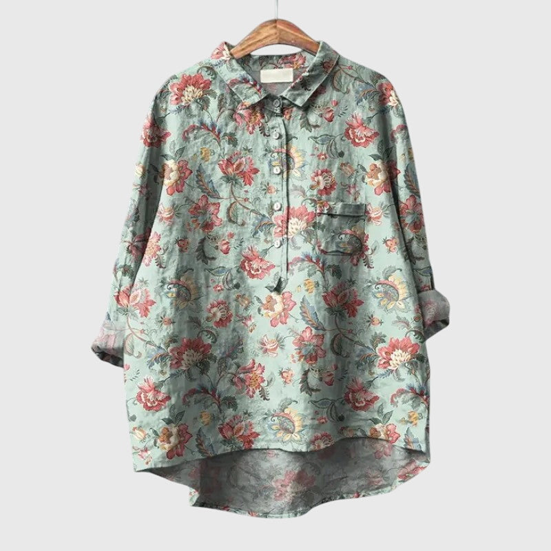 Women's comfortable everyday blouse, elegant long sleeve top for a flattering spring/summer look.