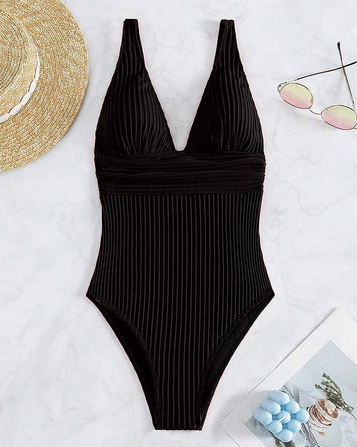 V-neck & backless women's ribbed one-piece swimsuit, solid color, ideal summer beachwear.