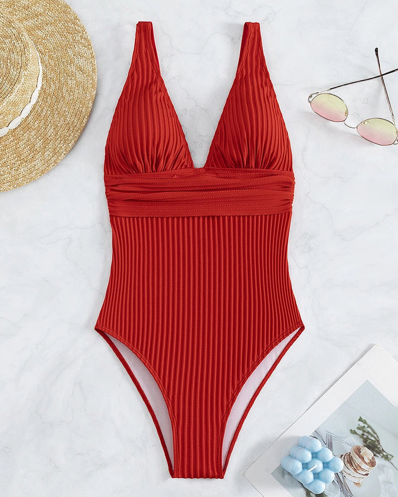 Chic women's ribbed one-piece swimwear, solid design, perfect for summer and beach holidays.