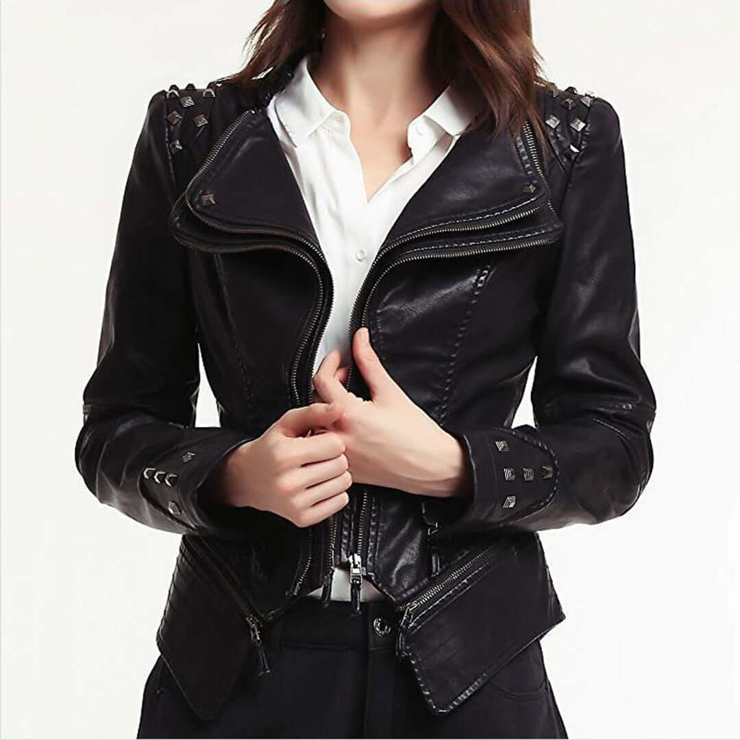 Women's Fitted Studded Biker Leather Jacket