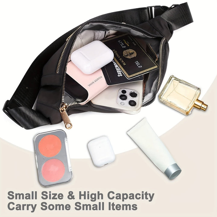Hands-free women's lightweight travel fanny pack, adjustable strap, multi-zip pockets for security.