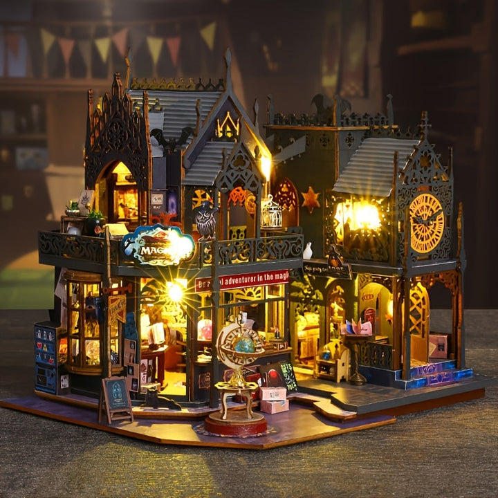 Decorative 3D wooden book nook puzzle with LED lights, ideal for adding charm to bookshelves, desks, or mantels.