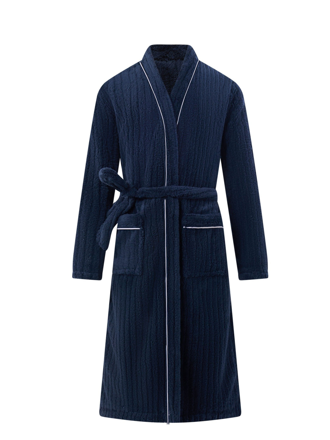 Men's warm winter fleece bathrobe, soft polyester material, comfortable morning robe.