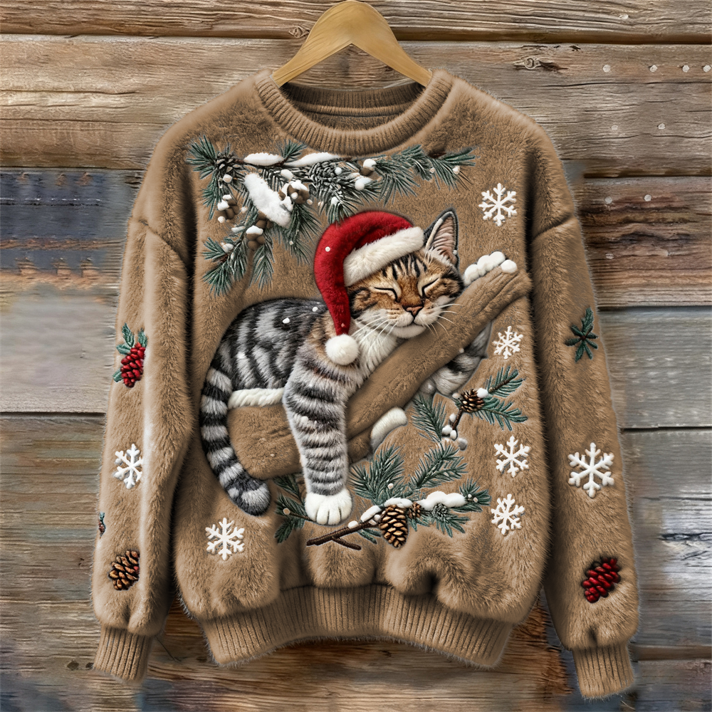 Women's festive cat print crew neck sweater, a cozy long sleeve top for holiday fashion and winter apparel.