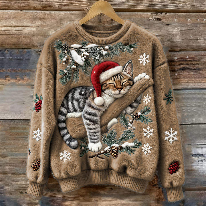 Women's festive cat print crew neck sweater, a cozy long sleeve top for holiday fashion and winter apparel.