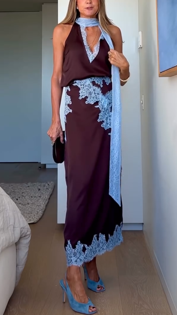 Stylish women's brown halter & maxi skirt two-piece set for summer fashion, parties, or vacation wear.
