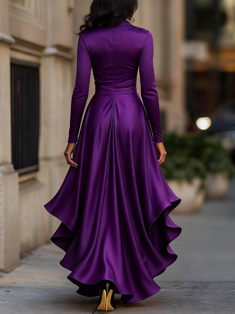 Versatile women's pleated V-neck long sleeve maxi dress with ruffles. Suitable for parties & formal events.