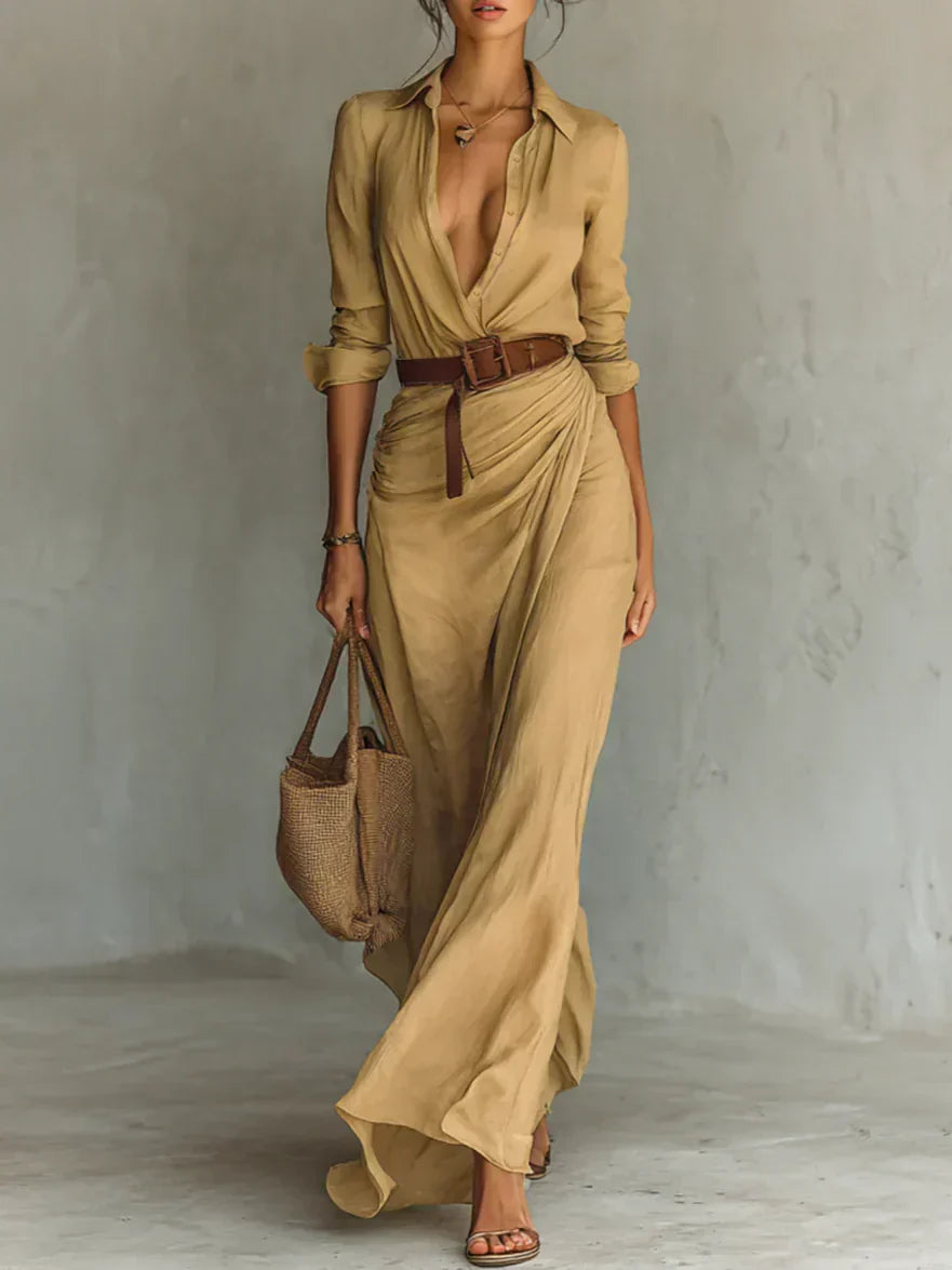 Elegant women's long sleeve belted maxi dress. Perfect for sophisticated fall/winter occasions & modest fashion.
