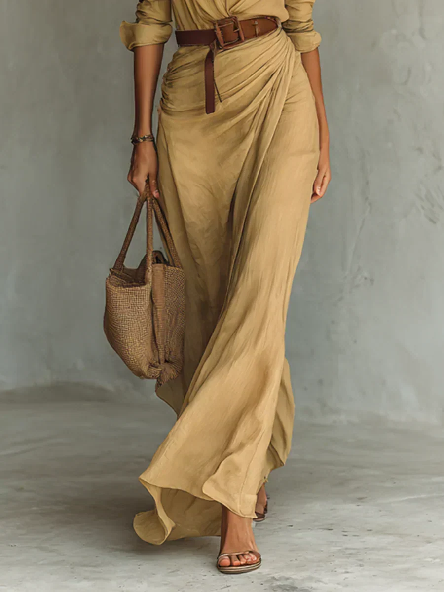 Brown women's long sleeve belted maxi dress. Modest & elegant occasion dress, perfect for fall/winter fashion.