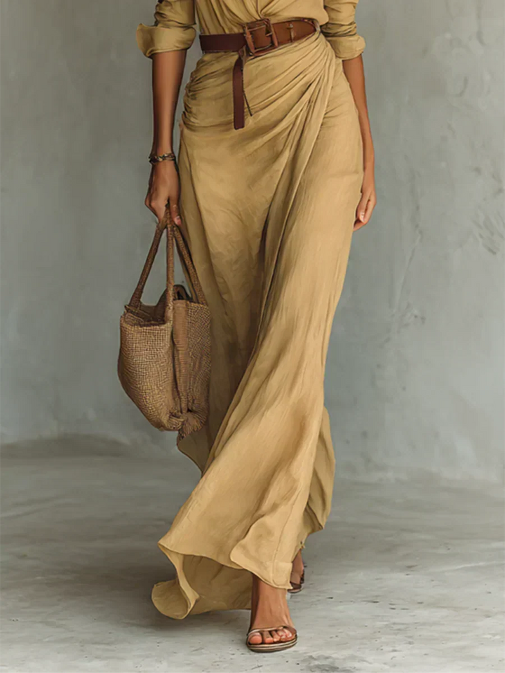 Brown women's long sleeve belted maxi dress. Modest & elegant occasion dress, perfect for fall/winter fashion.