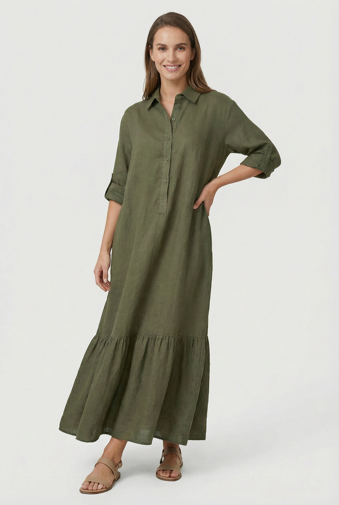 Stylish women's fashion maxi dress with long sleeves, button-front, and elegant tiered skirt. All-season wear.