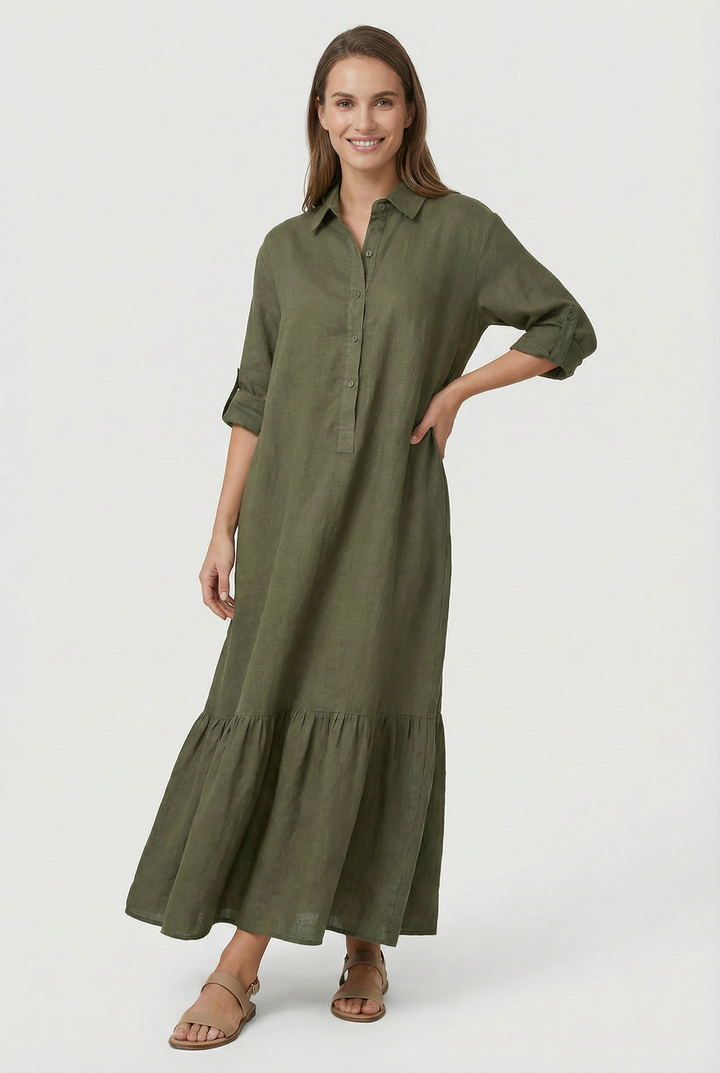 Stylish women's fashion maxi dress with long sleeves, button-front, and elegant tiered skirt. All-season wear.