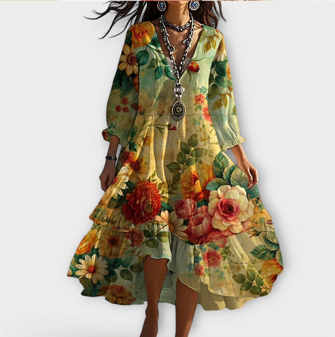 Women's whimsical V-neck floral midi dress, perfect for summer, spring, garden parties, or vacation. Boho elegant style.