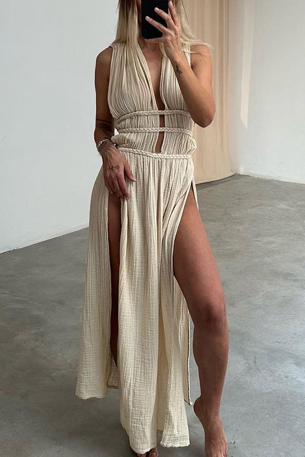 Elegant women's flowy boho maxi dress. Ideal casual summer wear, beach outfit, or comfortable holiday vacation dress.