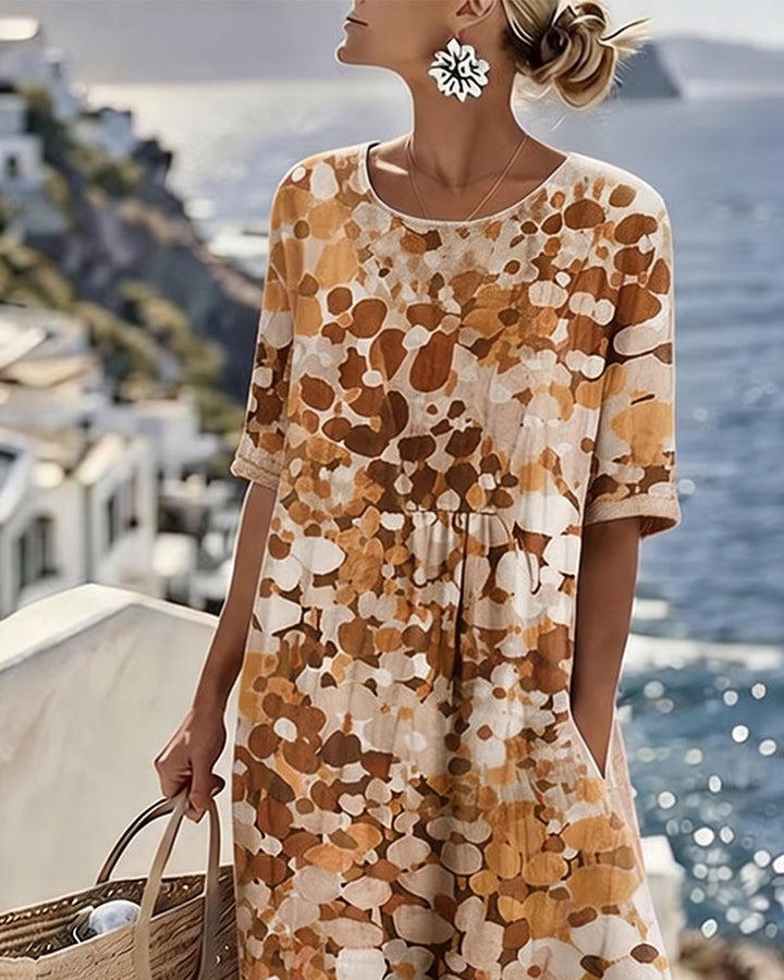 Comfortable, elegant women's floral midi dress, A-line, short sleeve, round neck, for summer fashion.