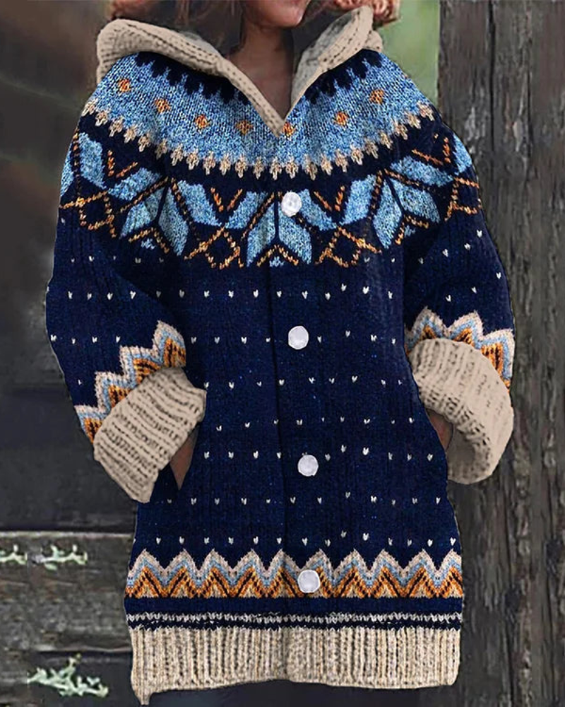 Elegant women's soft knit cardigan with hood, long sleeve, ideal for casual winter fashion. Warm & cozy.