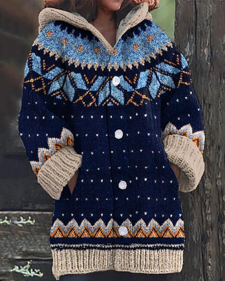 Elegant women's soft knit cardigan with hood, long sleeve, ideal for casual winter fashion. Warm & cozy.