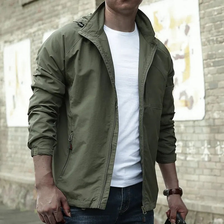 Stylish men's lightweight hooded jacket. Ideal casual outerwear for spring & fall, featuring a comfortable zip-up.