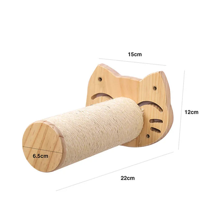 Stylish wall-mounted cat furniture: a wood scratcher, cat toy & cozy rest spot for happy cats.