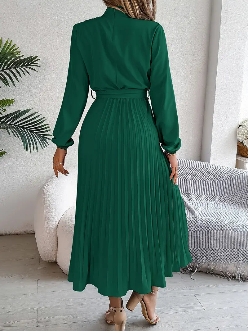 Versatile women's belted midi dress, long sleeves, suitable for work & events.