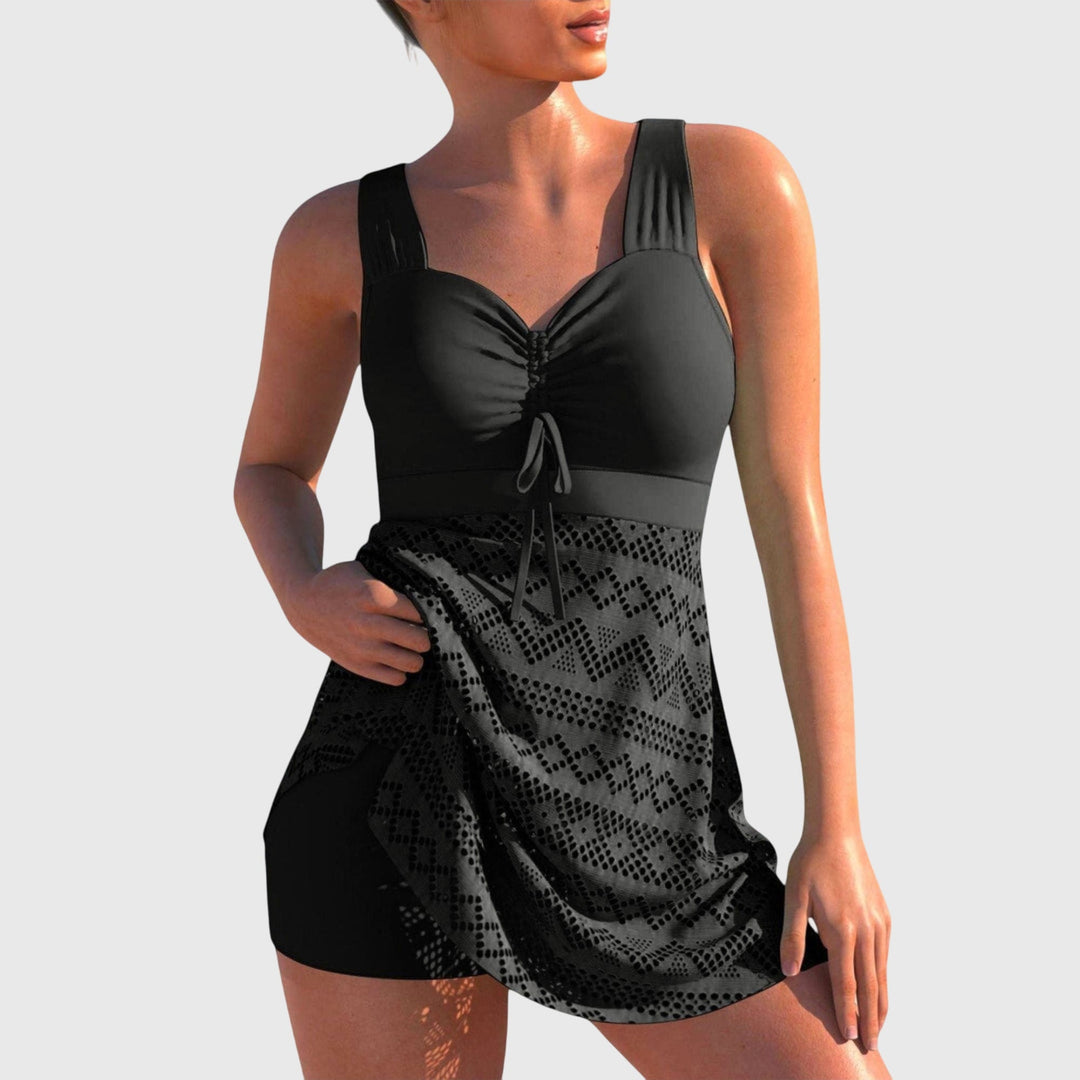 Comfortable rose women's modest two-piece swim skirt set. Patterned swimwear, great for summer, beach, resort, & vacation.