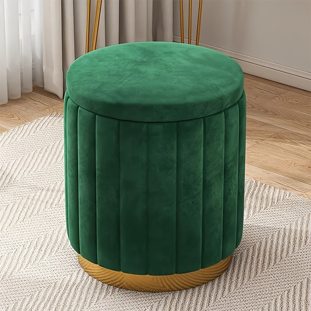 Versatile round storage ottoman, mirrored detail, suitable for any room.