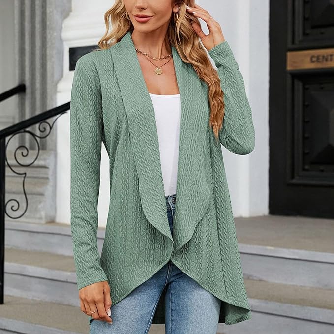 Casual women's open-front cardigan with a comfortable draped design. Ideal for relaxed everyday wear & fall fashion.