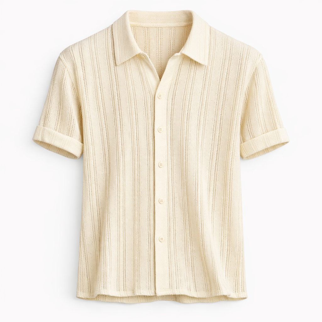 Casual men's short-sleeve polo shirt, textured fabric & vertical stripes, ideal for summer fashion.