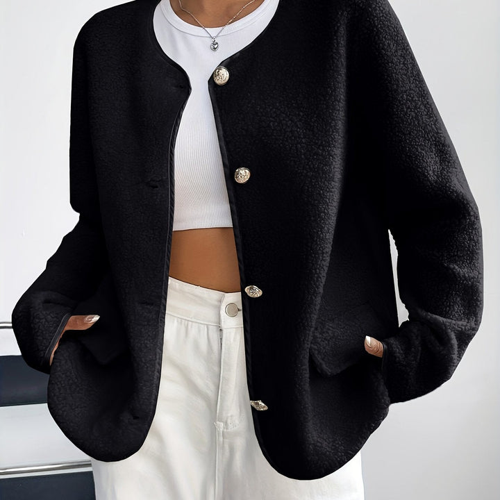 Professional chic elegant women's button-front jacket. Timeless style, soft for office or casual autumn.