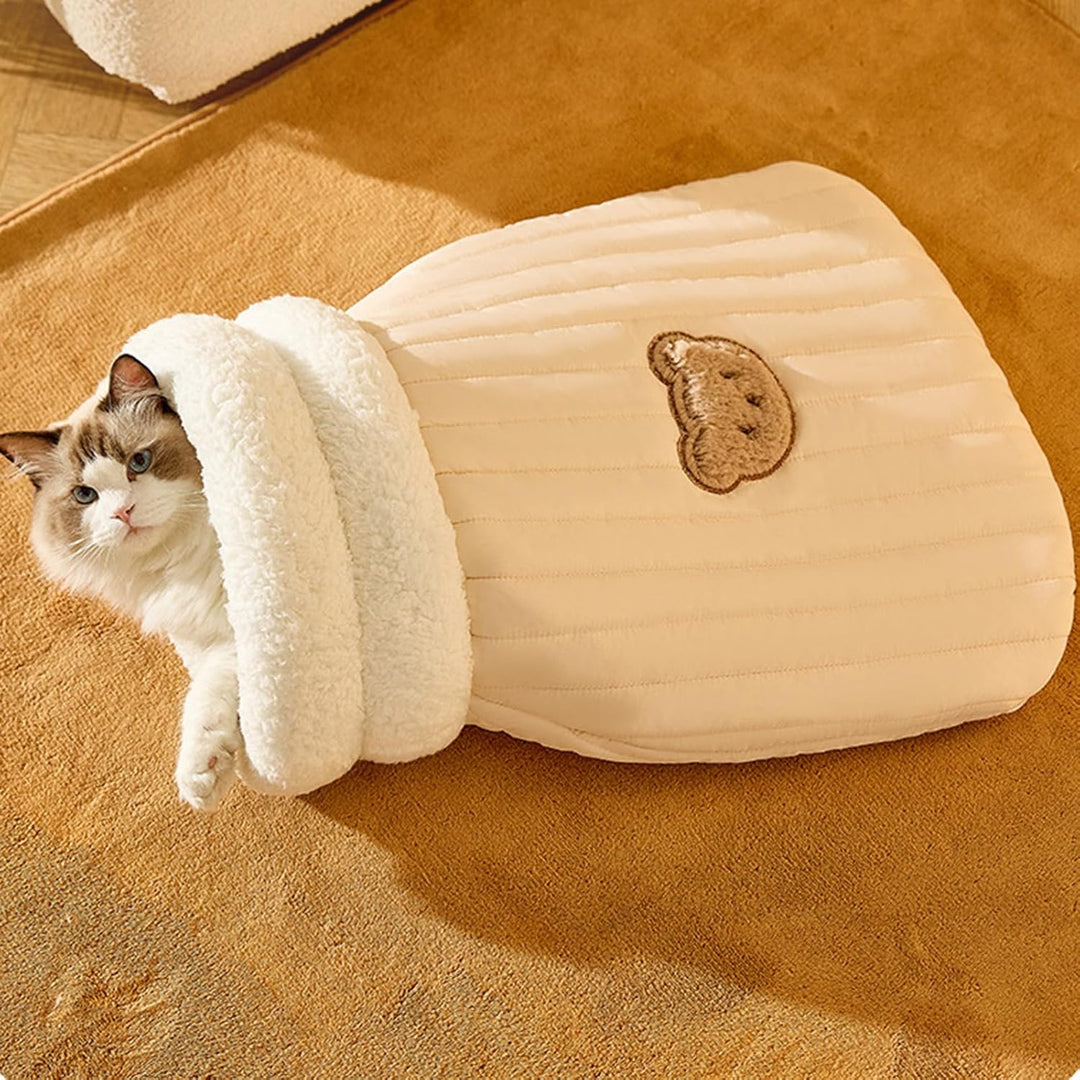 Ultimate comfort cat hideaway bed, a plush pet sleeping bag. Soft & secure cat cave, washable.