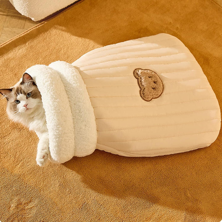 Ultimate comfort cat hideaway bed, a plush pet sleeping bag. Soft & secure cat cave, washable.