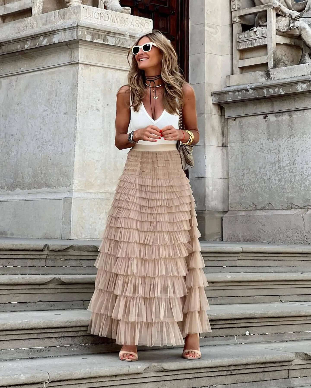 Women's Layered Tulle Midi A-Line Skirt