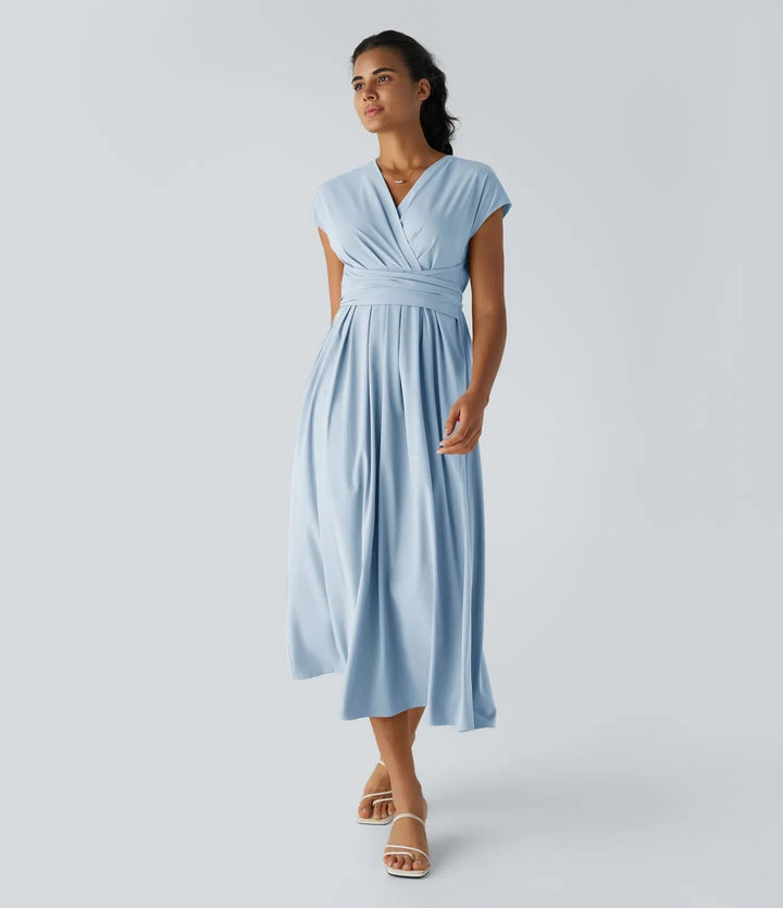 Elegant women's V-neck wrap midi dress with short sleeves. Perfect for versatile all-season wear. [[lstfy-media:1]]