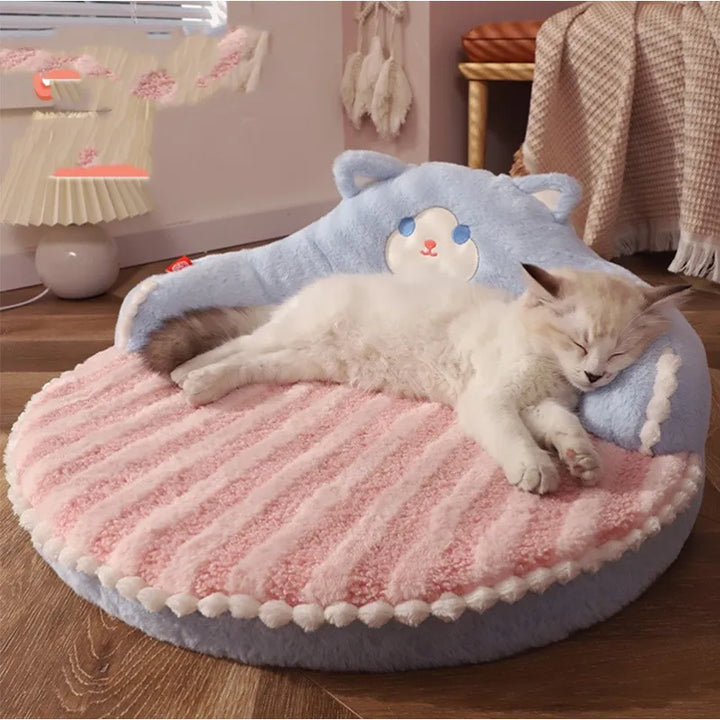 Cozy plush animal-shaped cat bed with a comfortable backrest, perfect for kittens and small cats to snuggle.