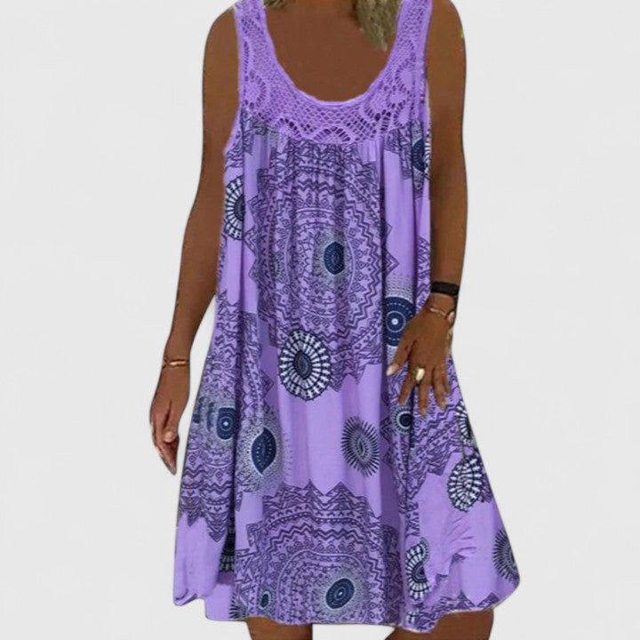 Flattering A-line women's boho summer dress, a comfortable casual day dress with ethnic print.