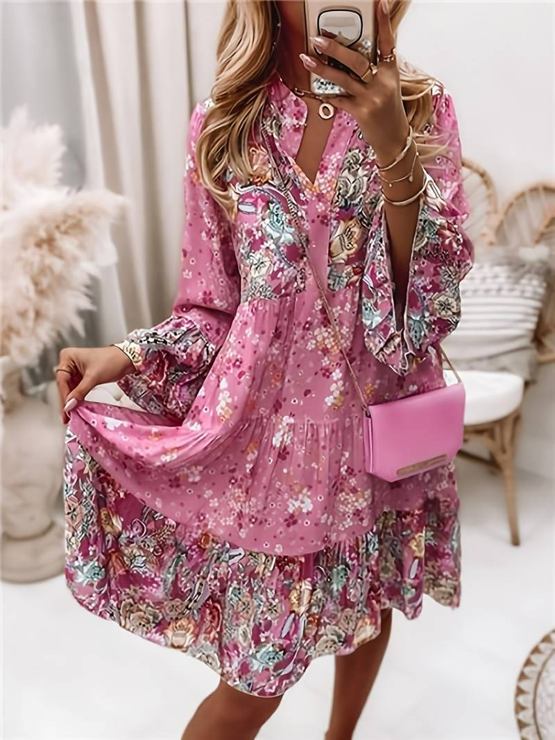 Women's floral print boho mini dress, flowy and chic, perfect for summer casual or elegant wear.