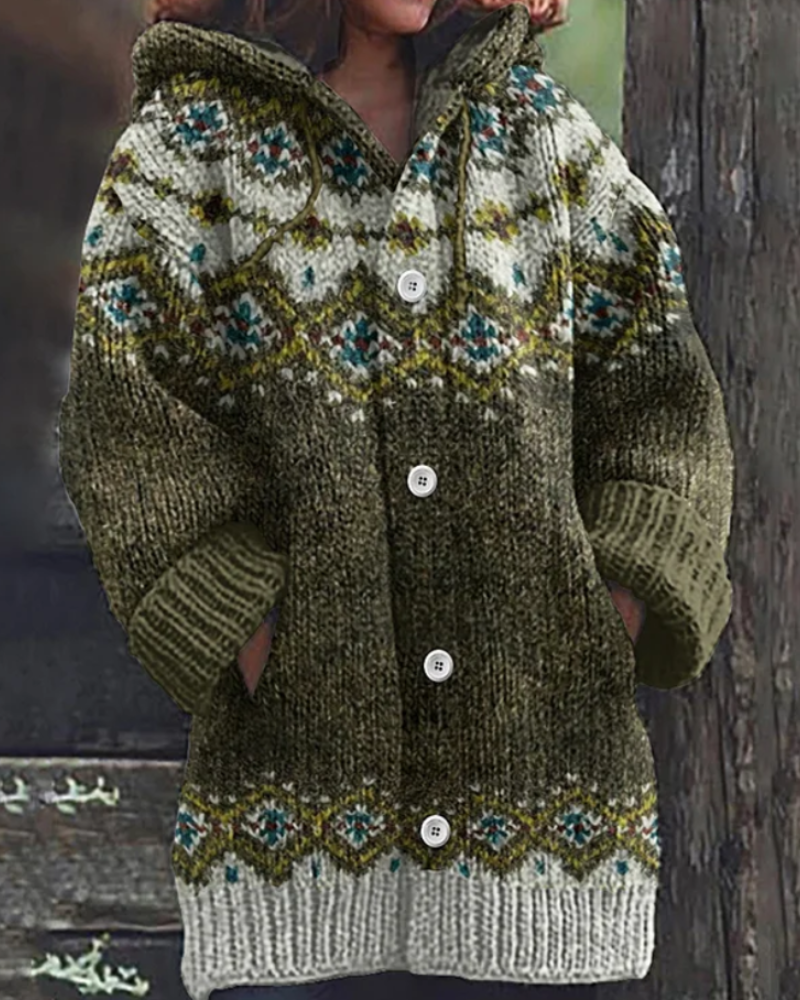 Soft knit hooded cardigan for women, long sleeve, button-up. Casual & cozy winter sweater, everyday style.