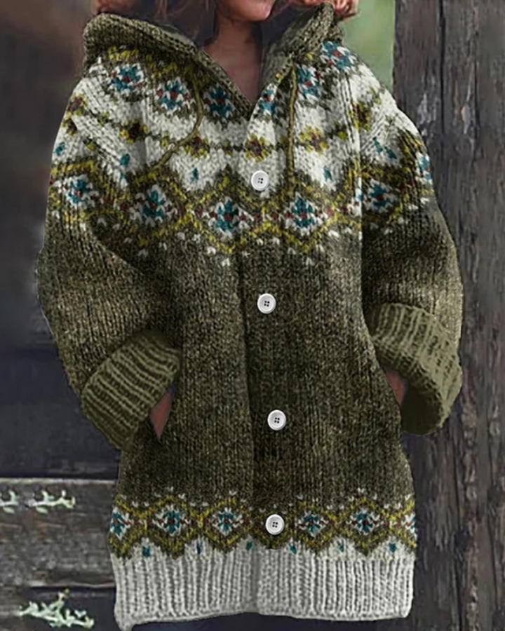 Soft knit hooded cardigan for women, long sleeve, button-up. Casual & cozy winter sweater, everyday style.