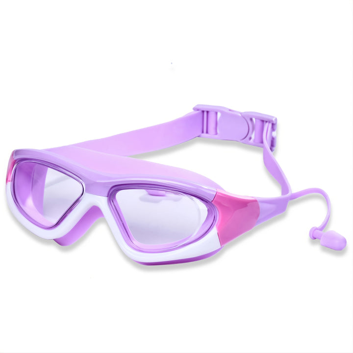 Silicone frame kids swim goggles, large anti-fog lenses, UV protection for clear fun.