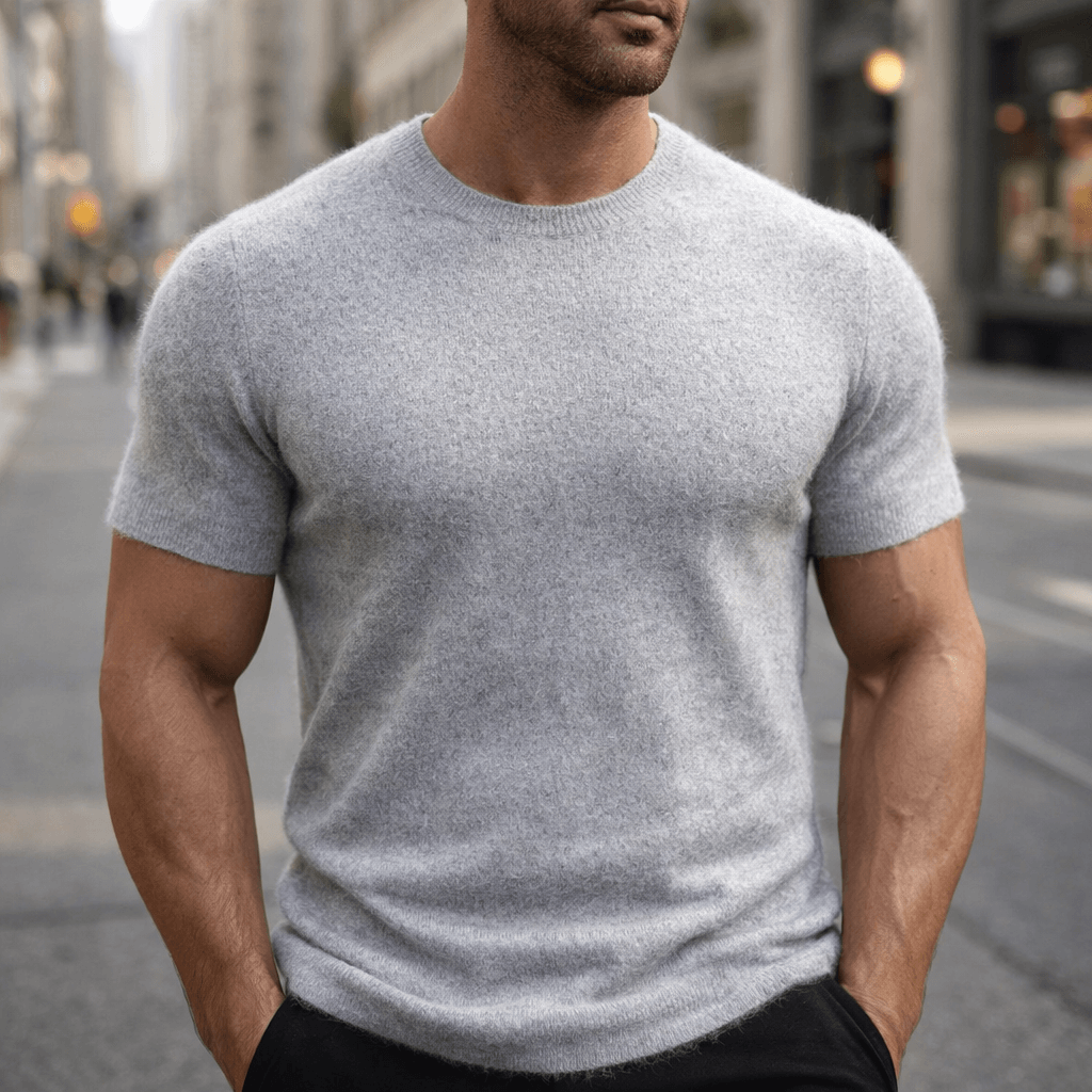 Modern men's short sleeve knitted t-shirt with crew neck design, great for smart casual comfort.