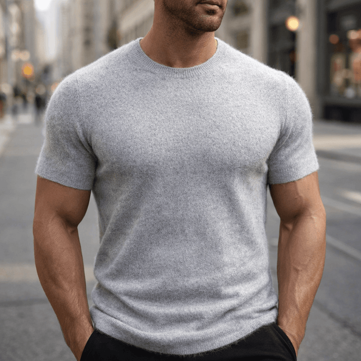 Modern men's short sleeve knitted t-shirt with crew neck design, great for smart casual comfort.