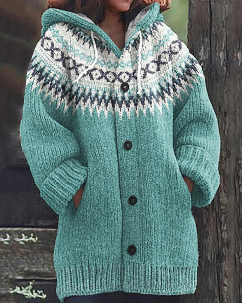 Cozy women's soft knit hooded cardigan. A warm, long sleeve sweater, perfect for winter fashion & layering.