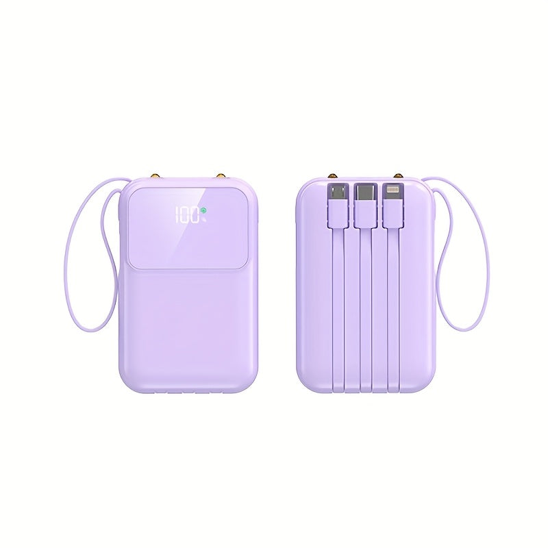 Portable 10000mAh power bank with fast built-in universal cables for efficient phone charging.