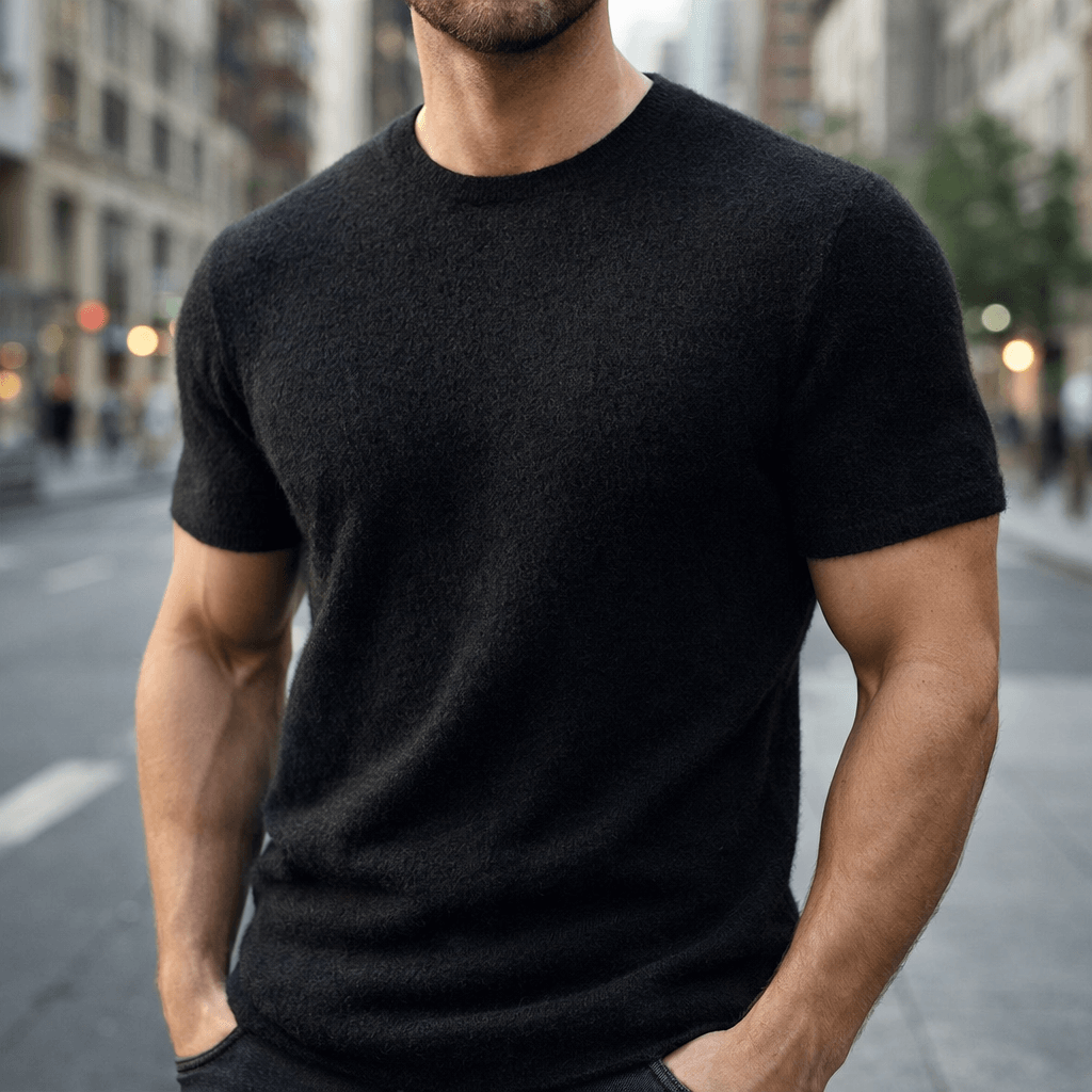 Comfortable men's smart casual short sleeve knit tee, crew neck, perfect for stylish men's fashion.