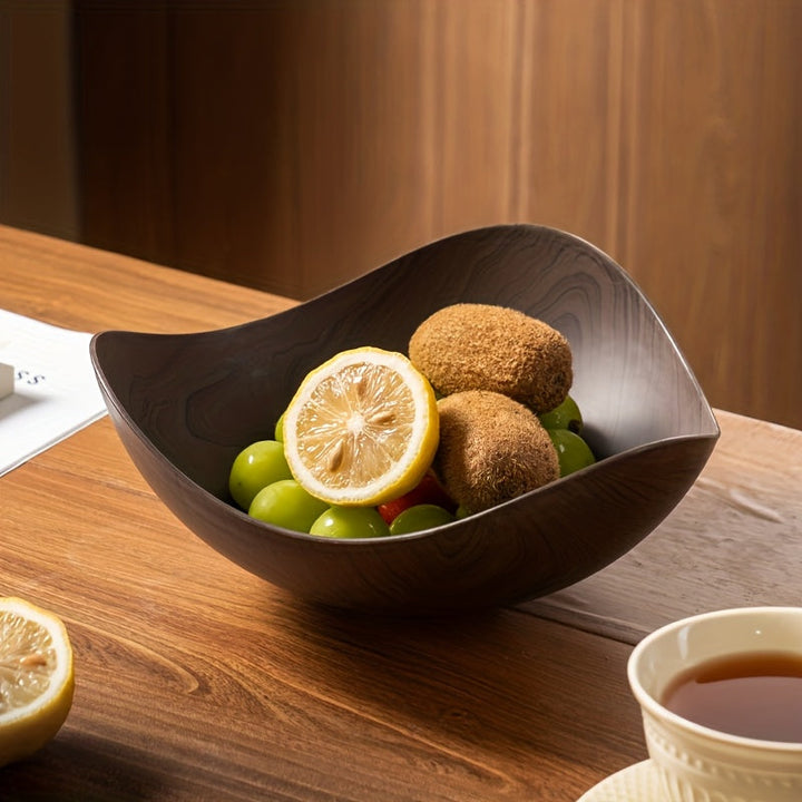 Decorative fruit and snack bowl, dark brown wood look, a practical kitchen and table accessory.