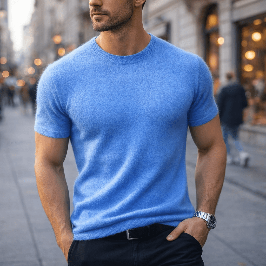 Soft knit men's short sleeve tee with a classic crew neck, ideal for a modern smart casual look.