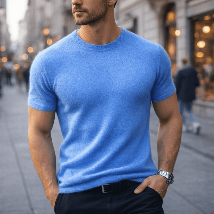 Soft knit men's short sleeve tee with a classic crew neck, ideal for a modern smart casual look.