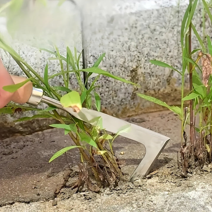 Ergonomic garden weed remover for precise cleaning of paving cracks and path edges. Outdoor maintenance.