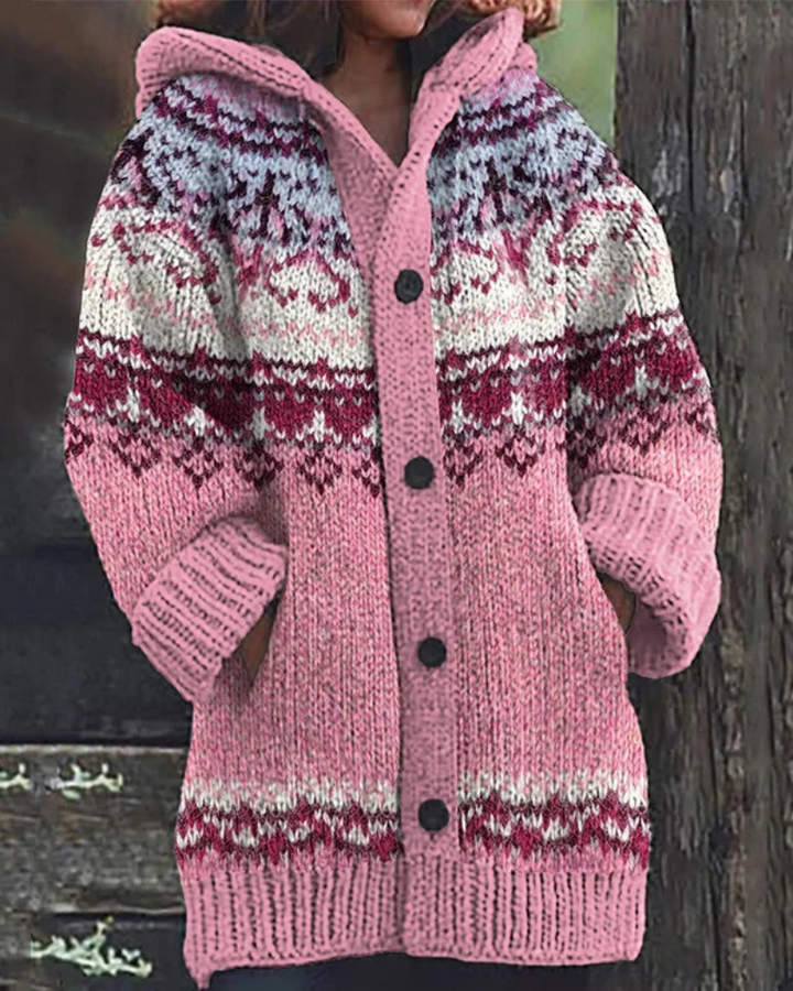 Stylish women's hooded knit cardigan, soft and elegant. A warm, long sleeve button-up sweater for winter.
